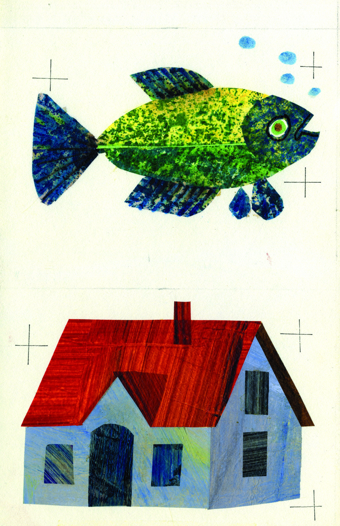 Image of a fish on top and of a house on the bottom