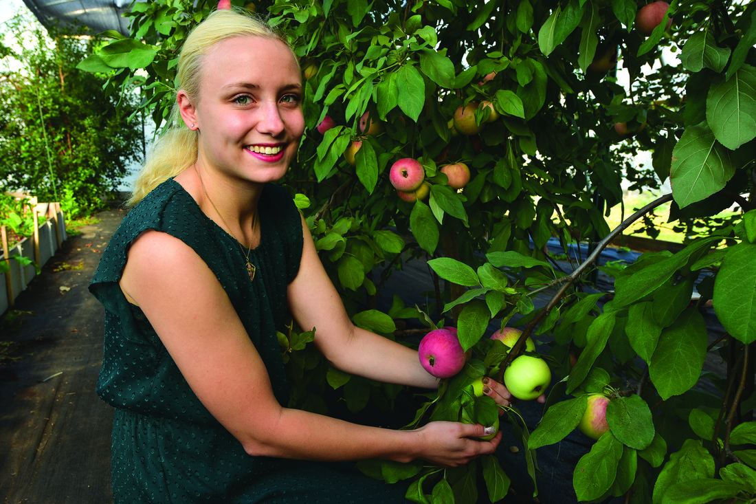 Heidi Reitmeier standing next to a spindle-pruned apple tree