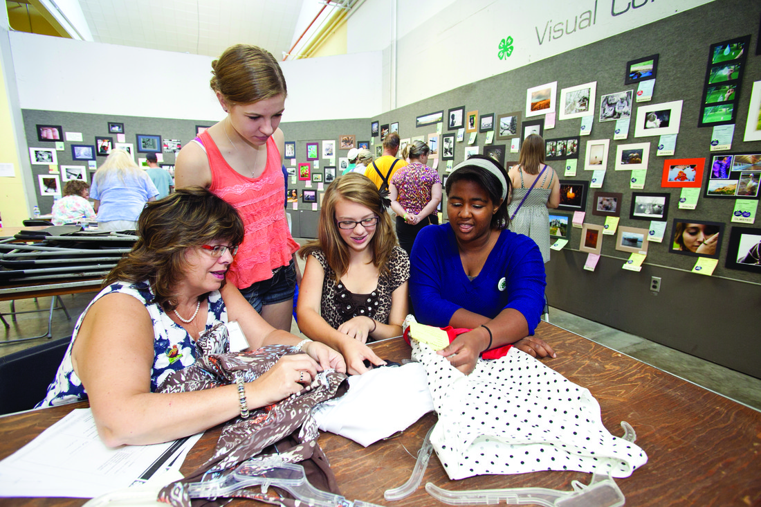 4-H participants discuss their sewing projects with a state fair judge