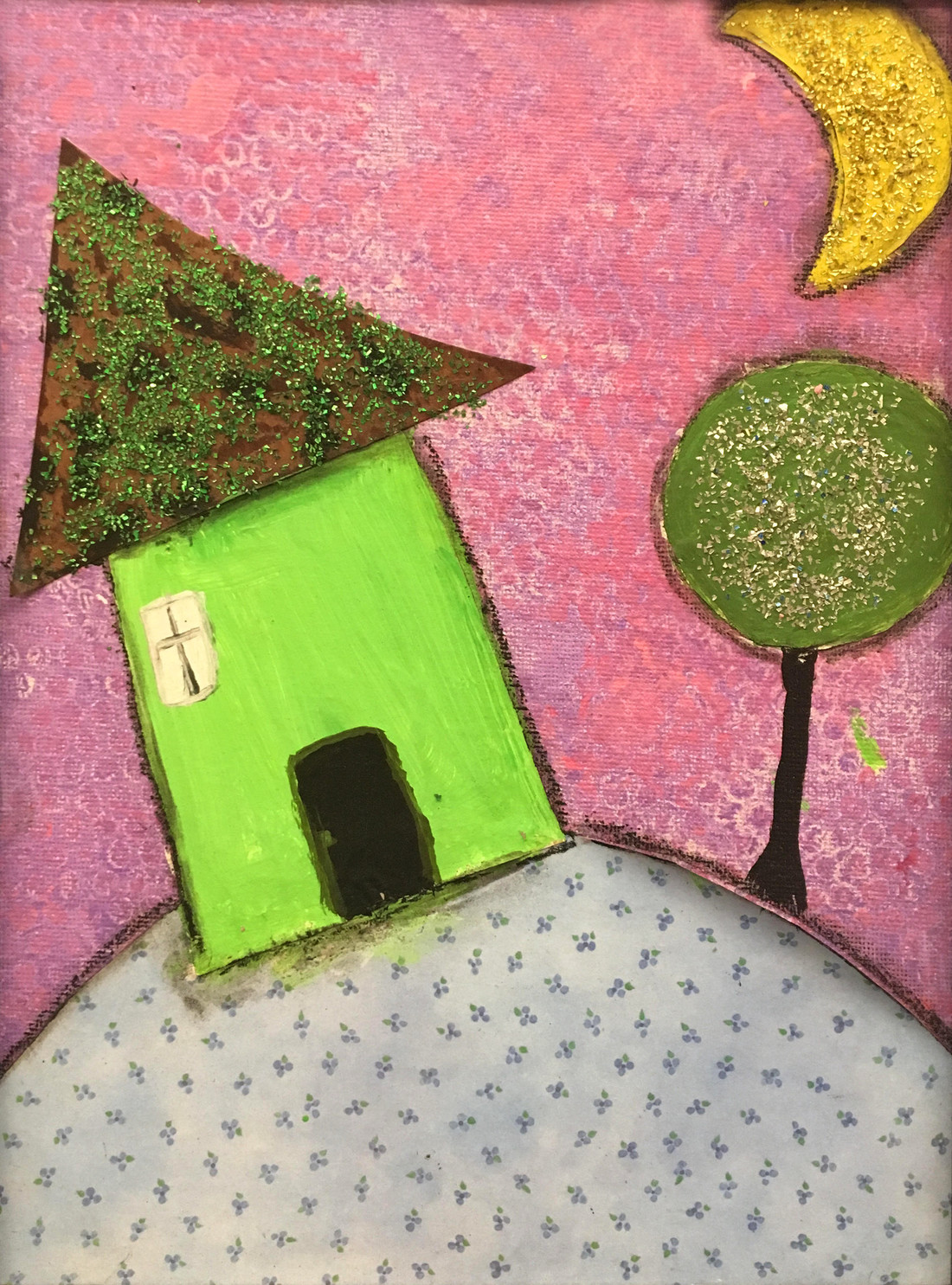 Painting of a house, tree, and the moon