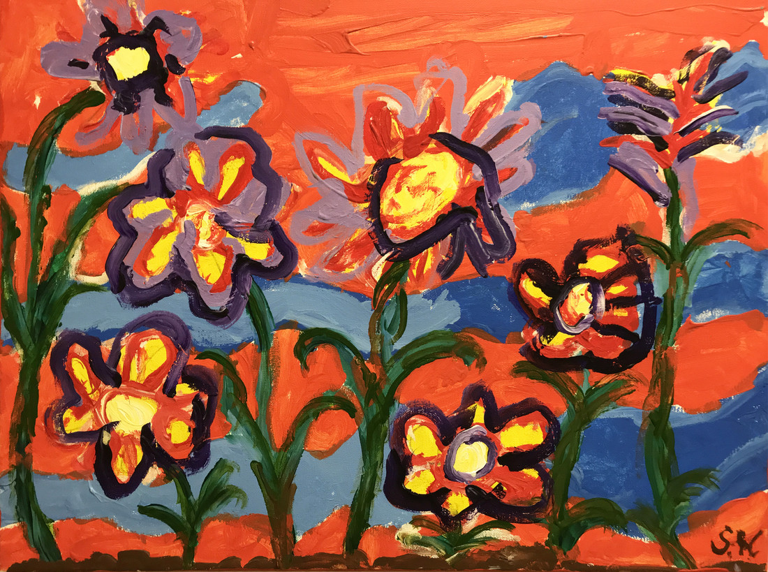 Painting of flowers against an orange sky