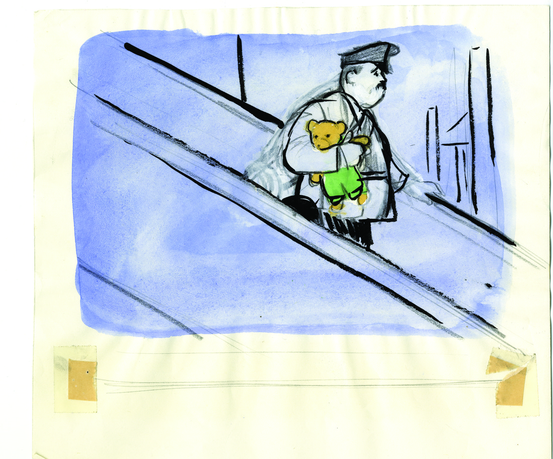 Image of policeman carrying a bear down an escalator
