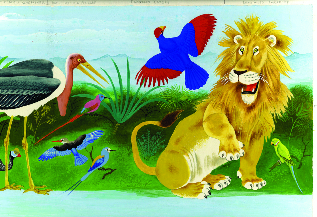 Painting of lion and birds