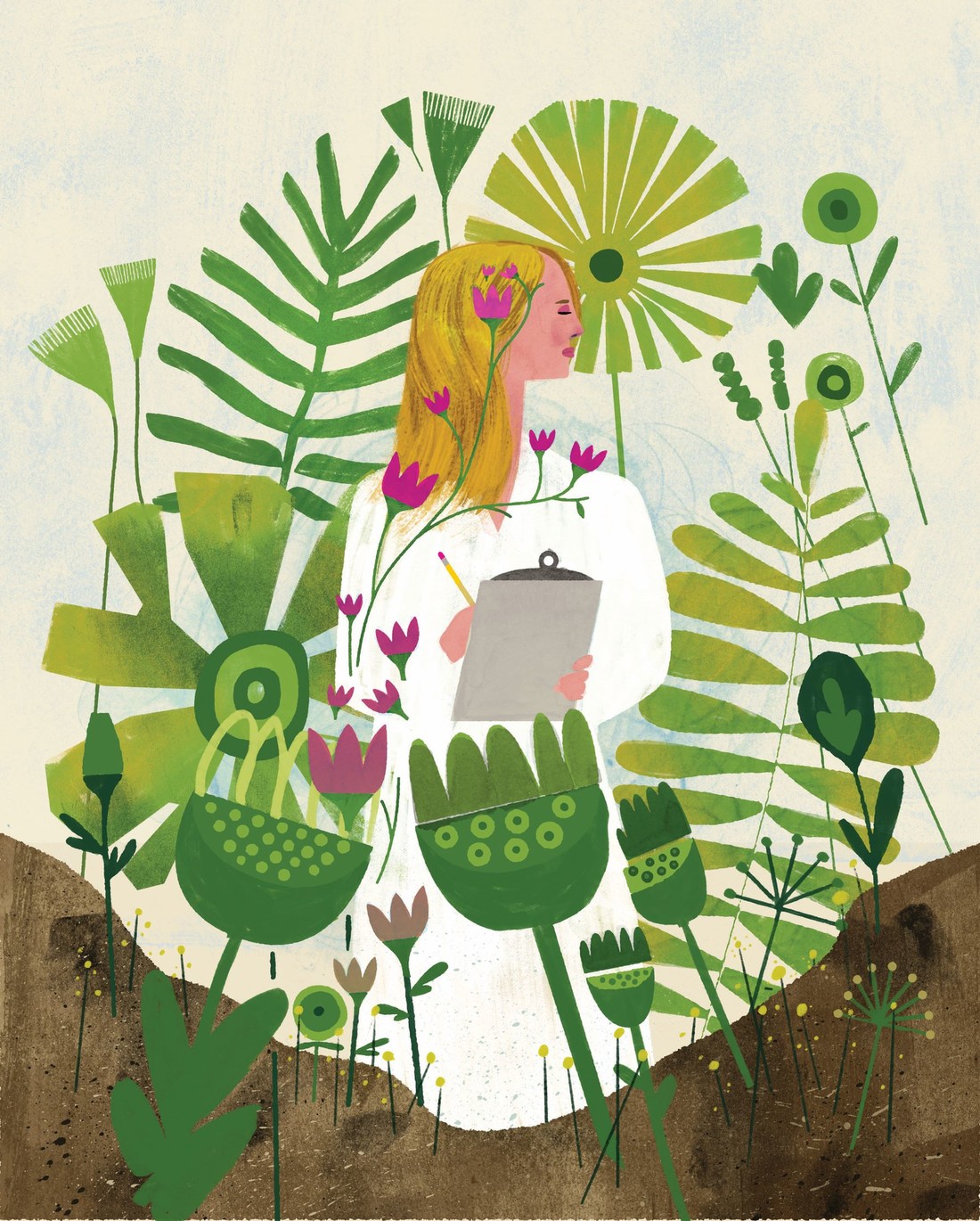 Illustration of female scientist with plants and soil