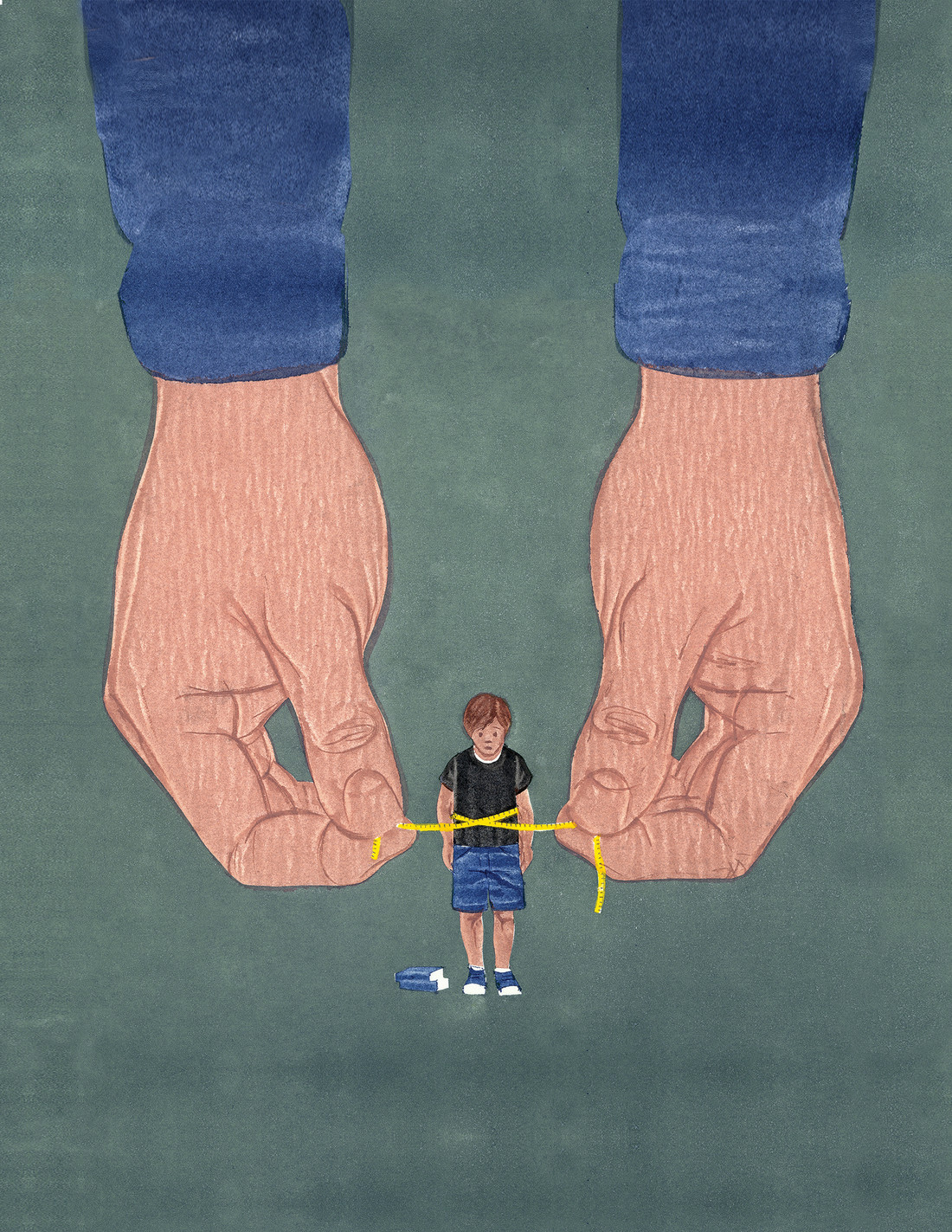 illustraton of hands tying a tape measure around a boy's waist