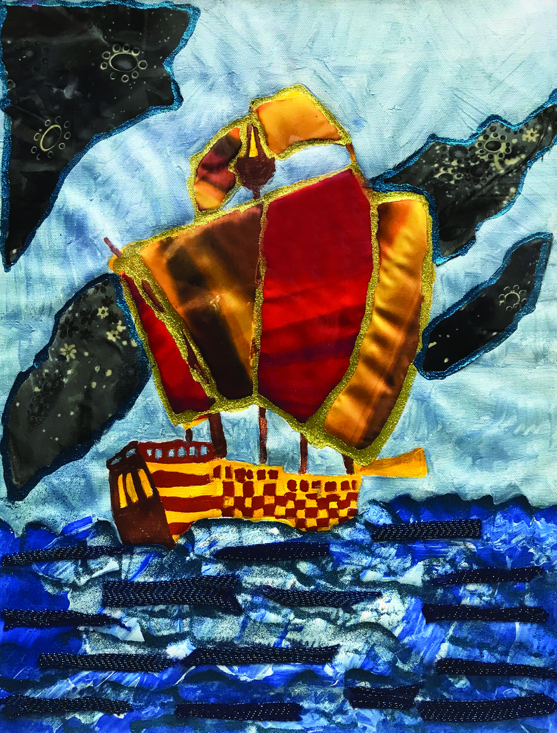 Painting of ship with billowing sails