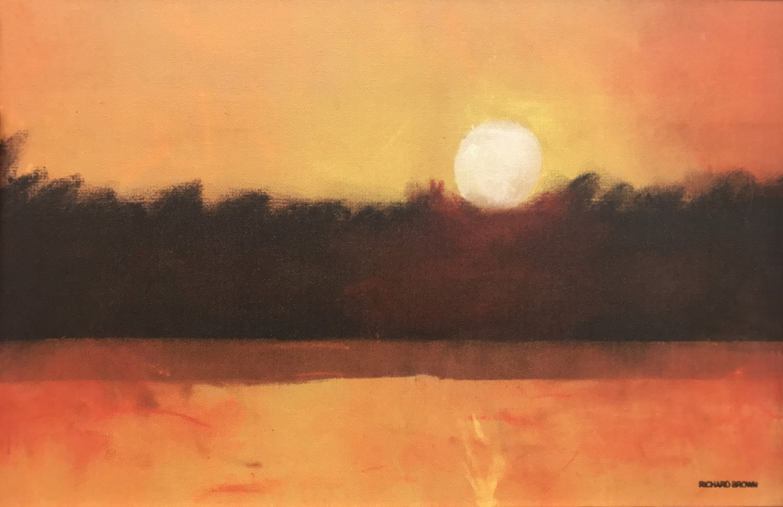 Painting of a sunset over a lake