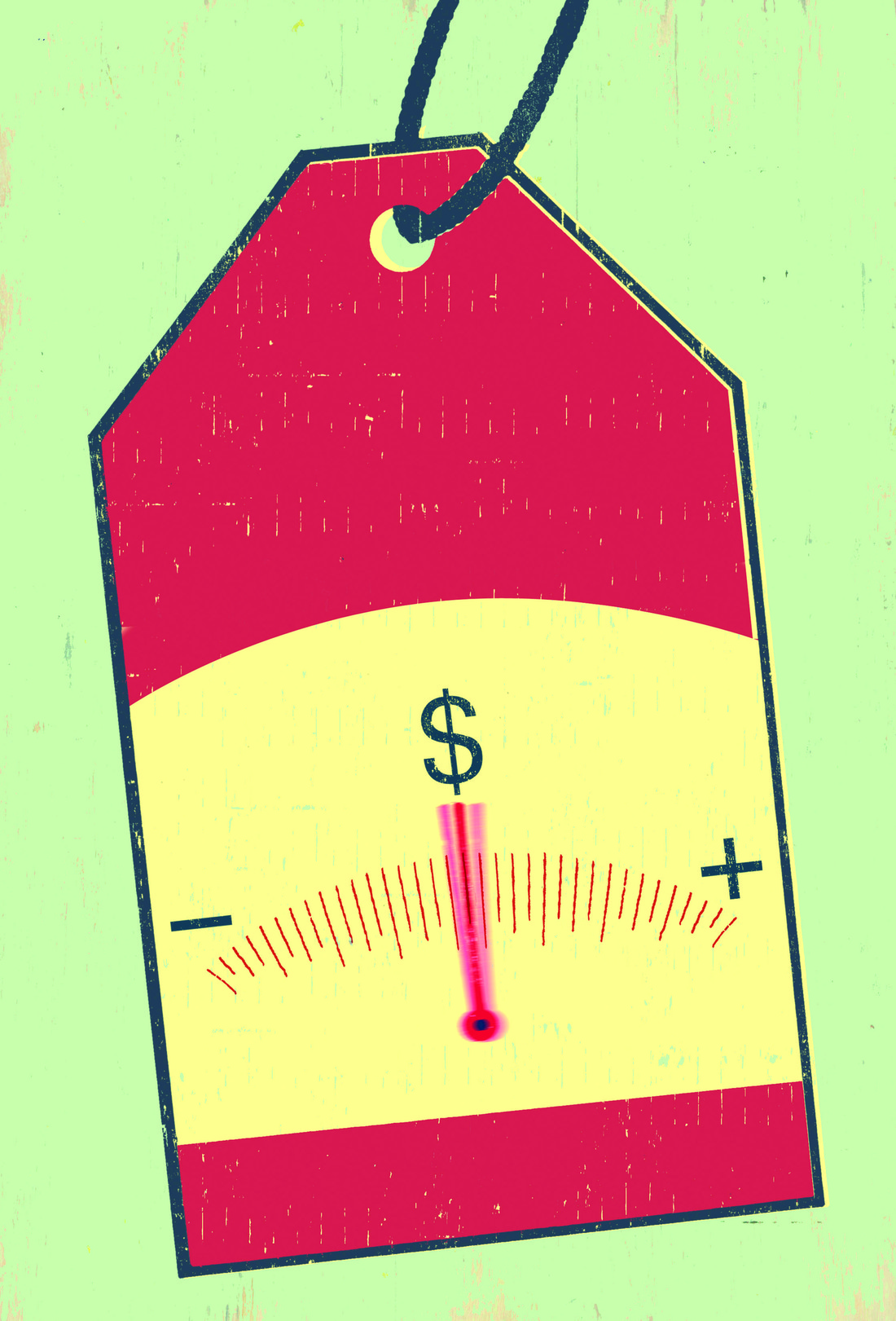 Image of a price tag with a plus and minus sign and a needle in the middle