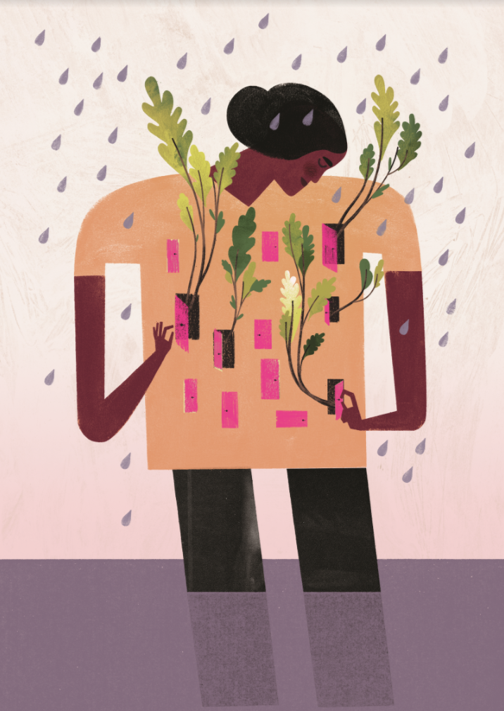 Abstract drawing of a woman in the rain with plants