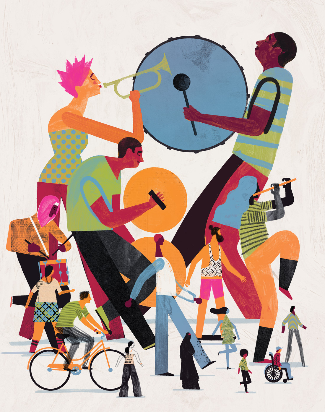 Abstract drawing of a diverse marching band